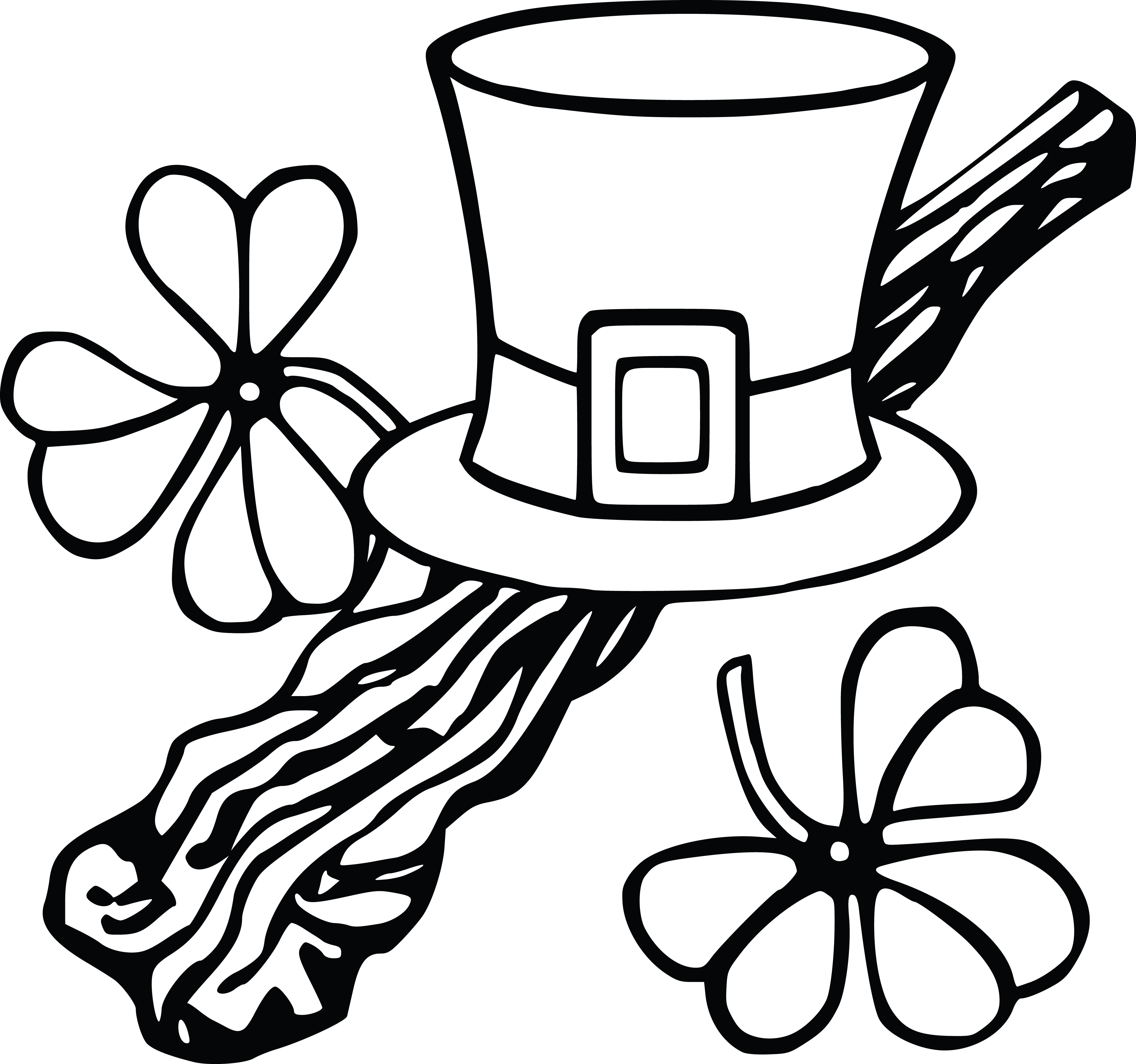 Clipart of a leprechan hat and shamrocks black and white coloring page lineart