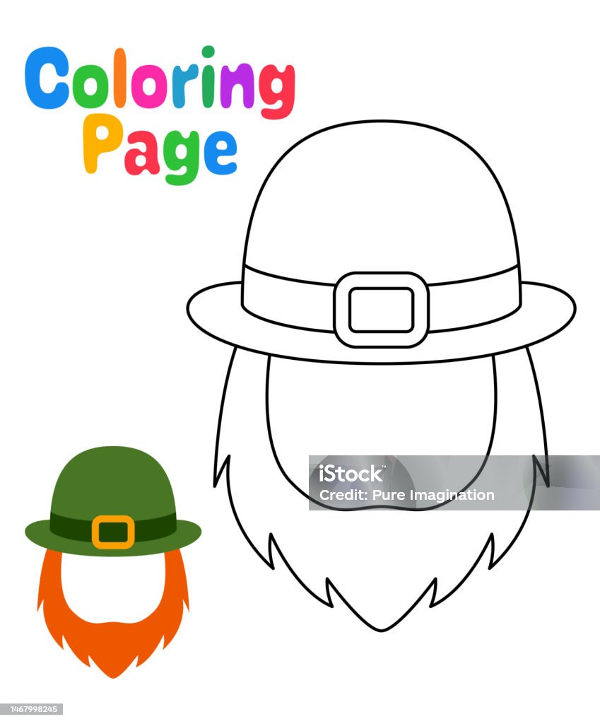 Coloring page with leprechaun hat with beard for kids stock illustration