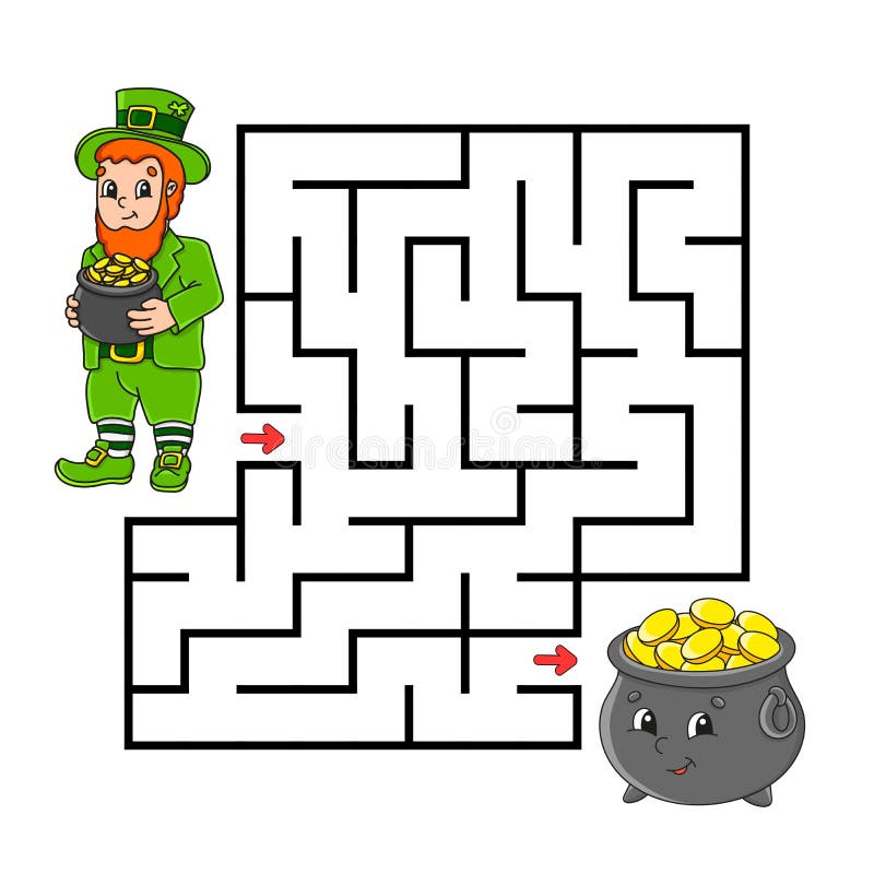 Square maze game for kids leprechaun and pot puzzle for children labyrinth conundrum color vector illustration stock vector