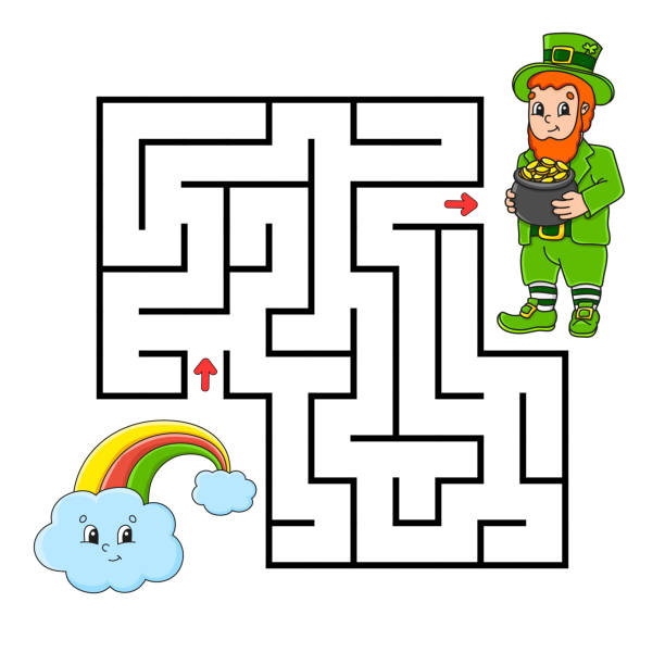 Square maze game for kids leprechaun and rainbow puzzle for children labyrinth conundrum color vector illustration isolated vector illustration cartoon character stock illustration