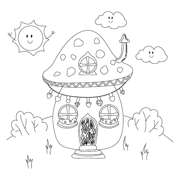 Premium vector illustration coloring page for adults and children house mushroom fairies and leprechaun