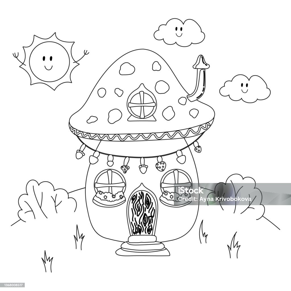 Illustration coloring page house mushroom fairies and leprechaun concept fairy tale coloring page for adults and children stock illustration