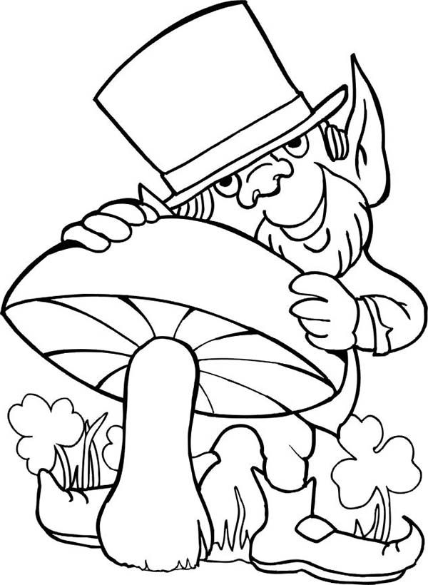 Leprechaun loves mushroom for st patricks day coloring page