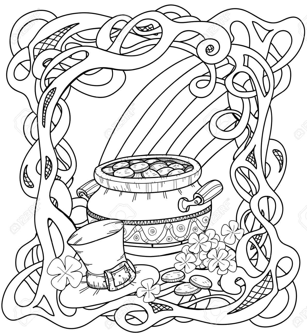 Leprechauns gold coloring page with pot of gold rainbow leprechaun hat and clovers royalty free svg cliparts vectors and stock illustration image