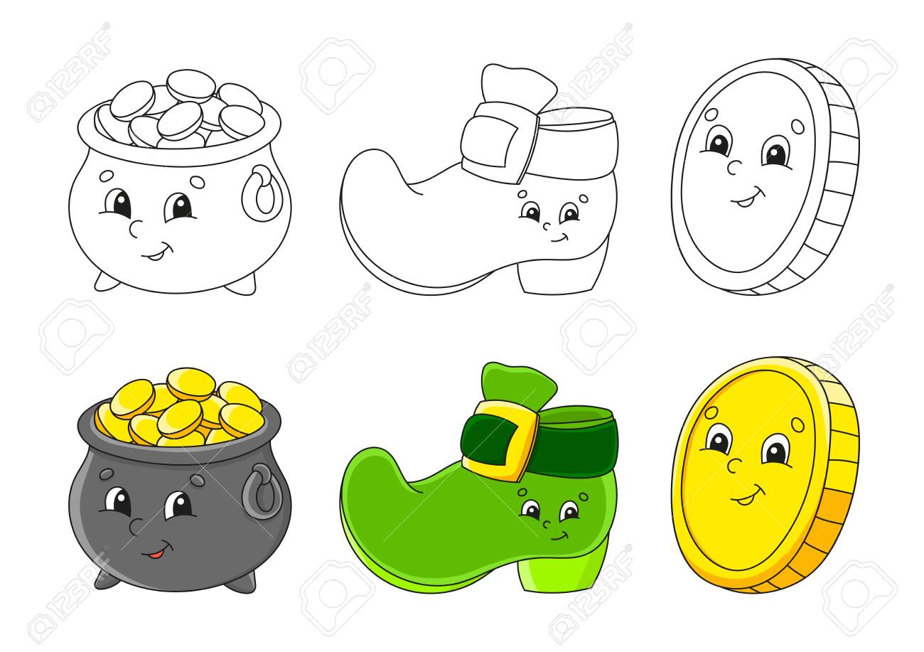 Set coloring page for kids st patrick s day pot of gold leprechaun boot gold coin cute cartoon characters black stroke vector illustration with sample royalty free svg cliparts vectors and stock