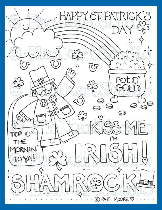 Saint patricks day coloring page for kids and adults cute and whimsical hand drawn coloring printable leprechaun rainbow pholkartstudio