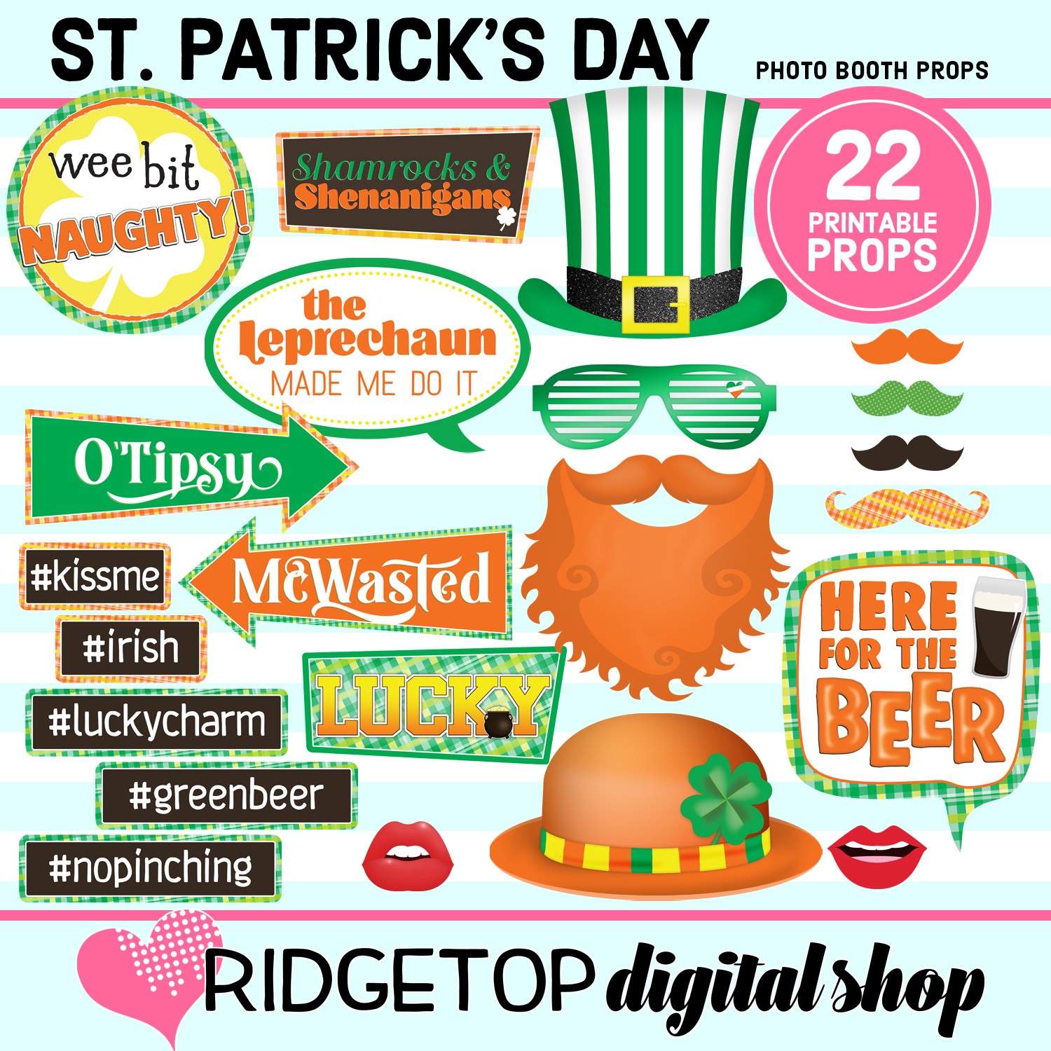 St patricks day photo booth props â printable â ridgetop digital shop