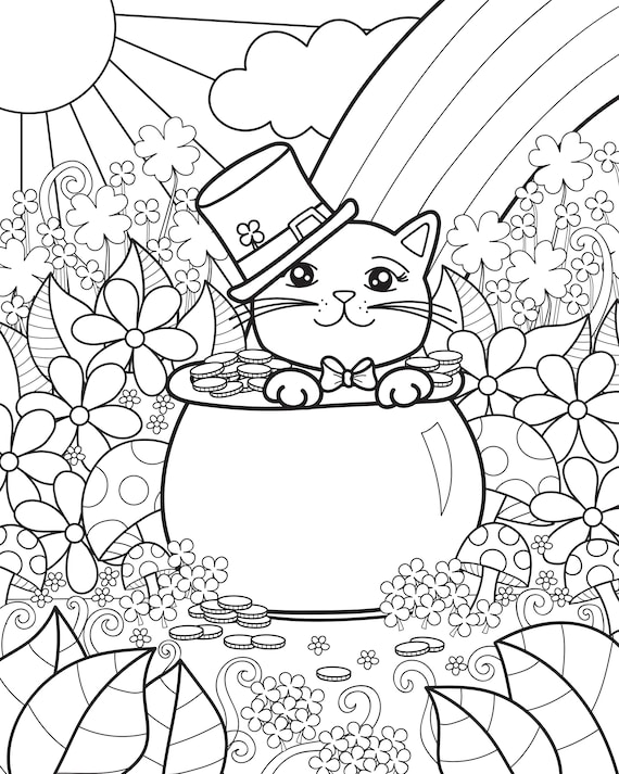 Instant download coloring page st patricks day kitty cat inspired doodle art printable instant download