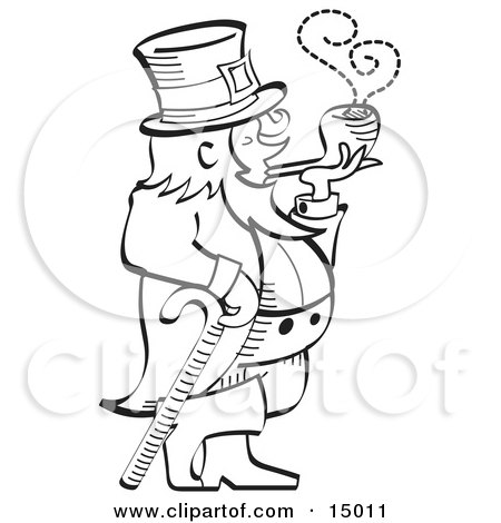 Leprechaun leaning on a cane and smoking a pipe in black and white clipart illustration by andy nortnik