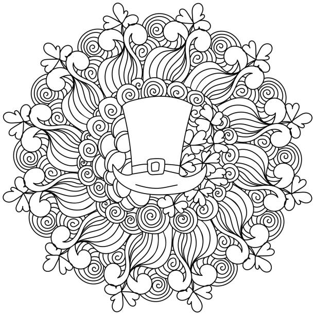 St patricks day mandala leprechaun hat clover and intricate patterns in zen coloring page stock illustration