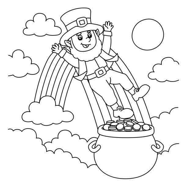 St patricks day leprechaun coloring page for kids stock illustration