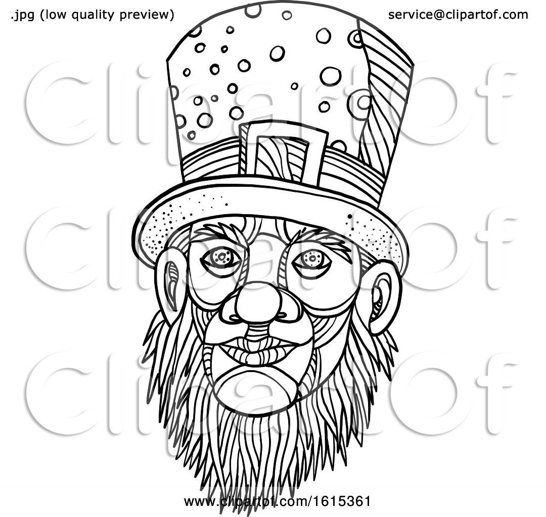 Clipart of a sketched black and white leprechaun with a top hat