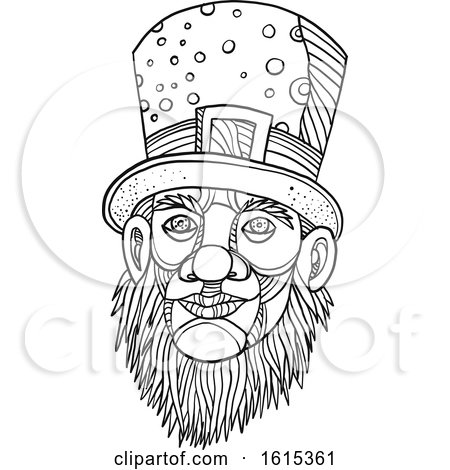 Clipart of a sketched black and white leprechaun with a top hat
