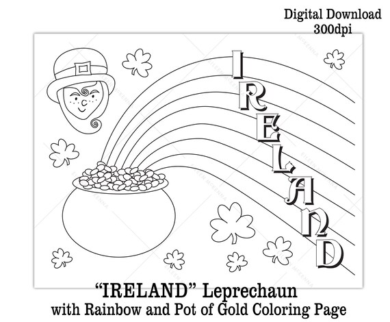Printable leprechaun st patricks day coloring page kids class activity rainbow pot of gold digital download black and white worksheet