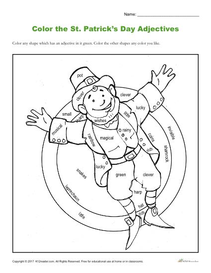 St patricks day adjectives printable coloring activity