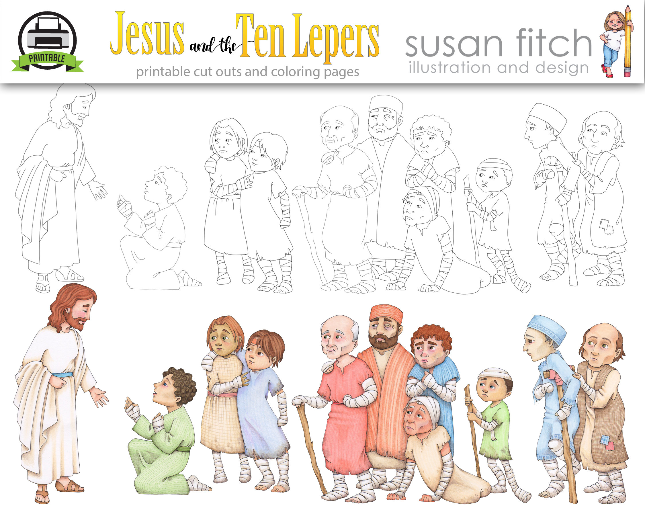 Jesus and the ten lepers clip art and coloring pages