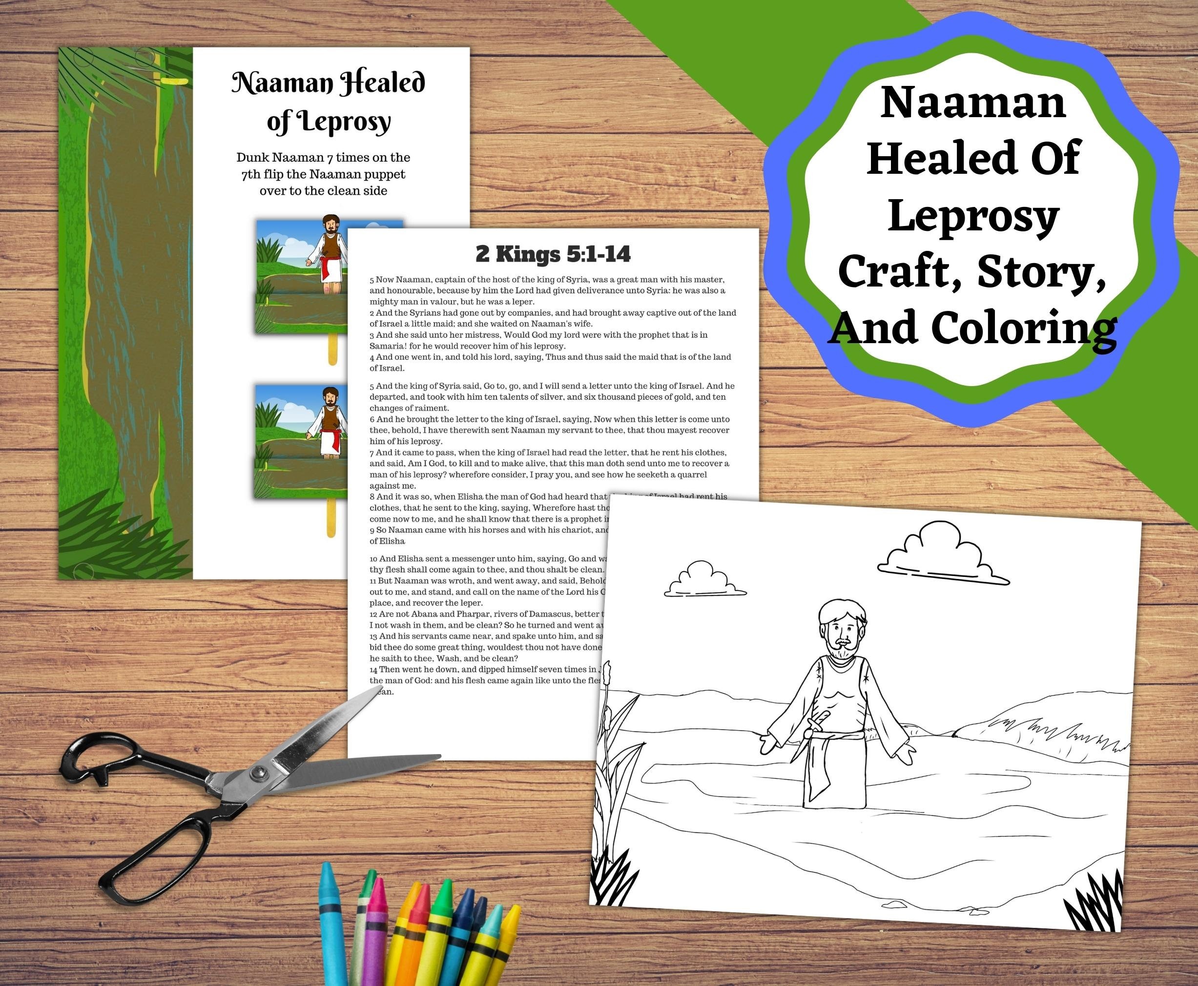 Naaman healed of leprosy printable craft story and coloring page kids church bible lesson instant download