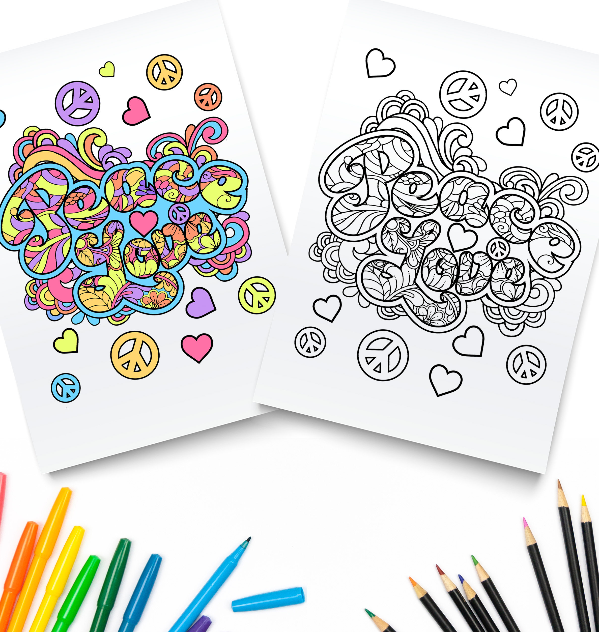 Peace love printable coloring pages digital download hippie coloring book