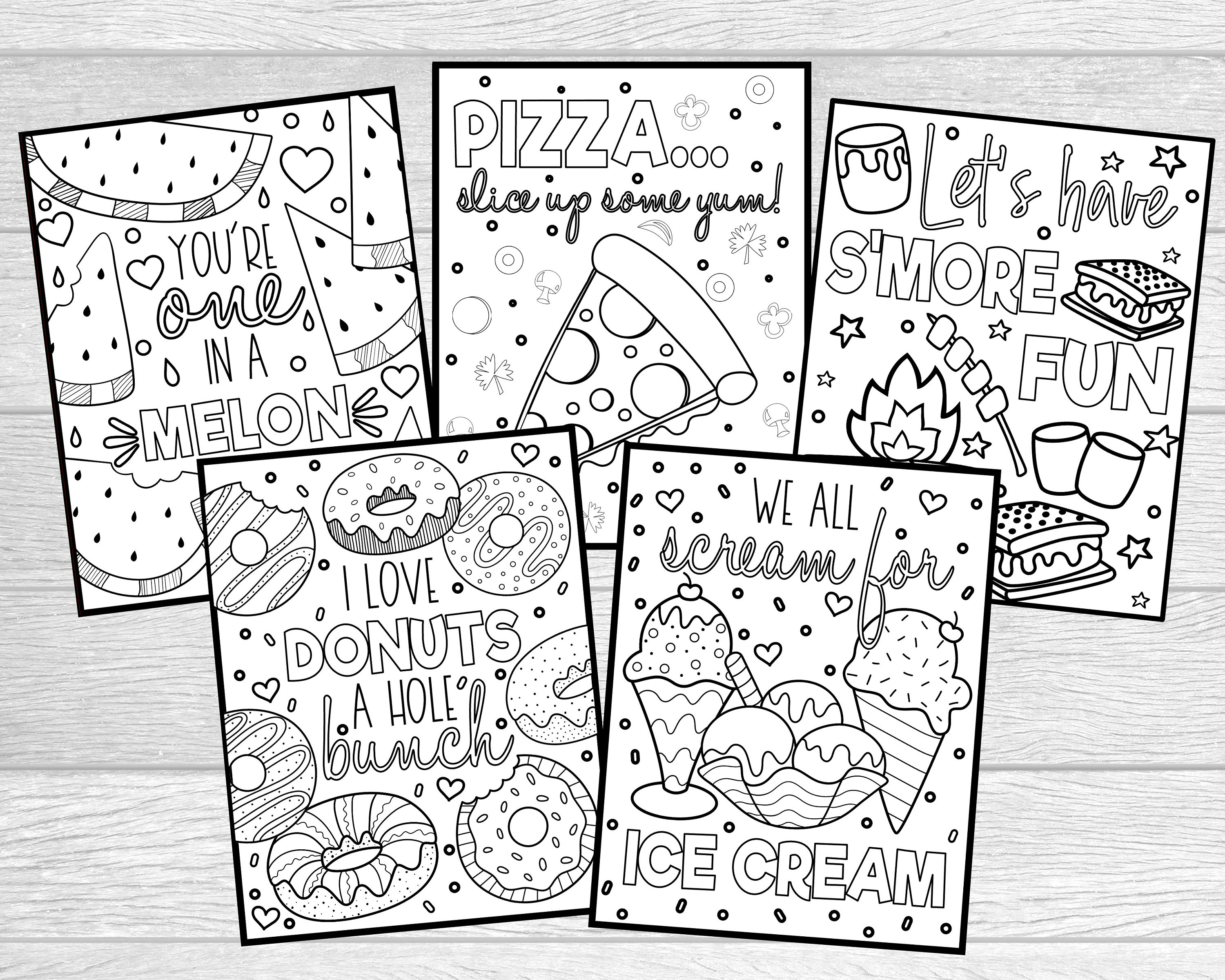 Printable foodie coloring pages for kids adults ice cream donuts watermelon pizza and smores coloring pages instant digital download
