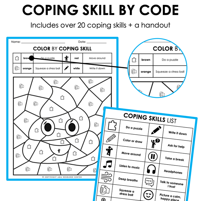 Emoji color by code coping skills activity â autism grown up