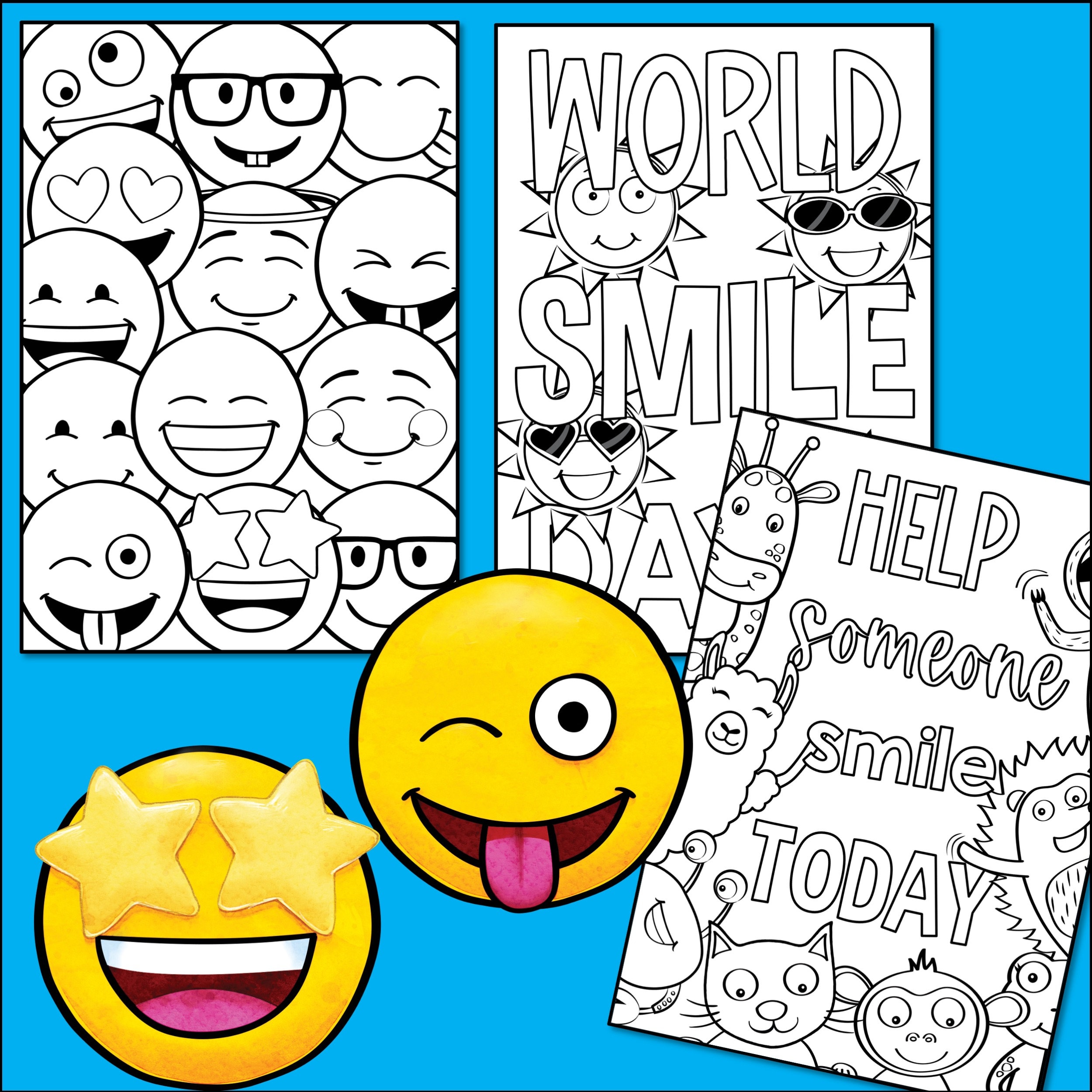 World smile day printable coloring pages instant download pack kids activity classroom fun digital coloring book pdf format