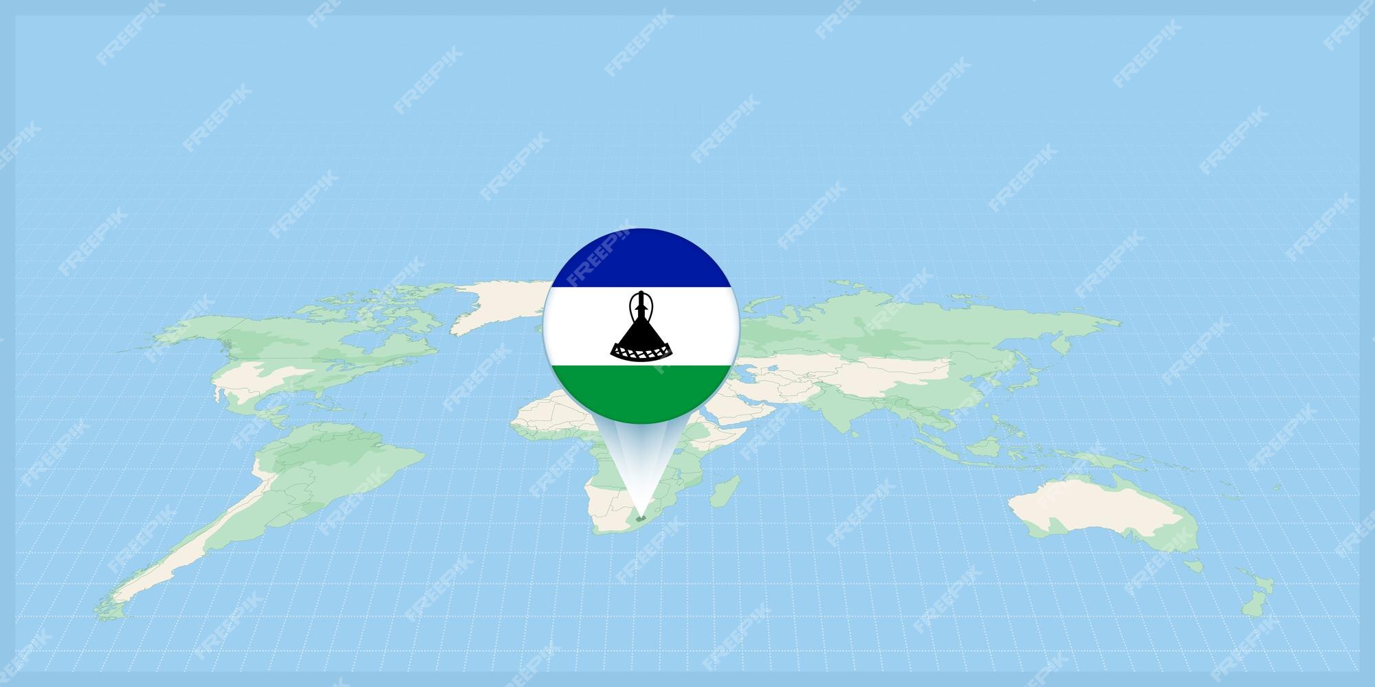Premium vector location of lesotho on the world map marked with lesotho flag pin