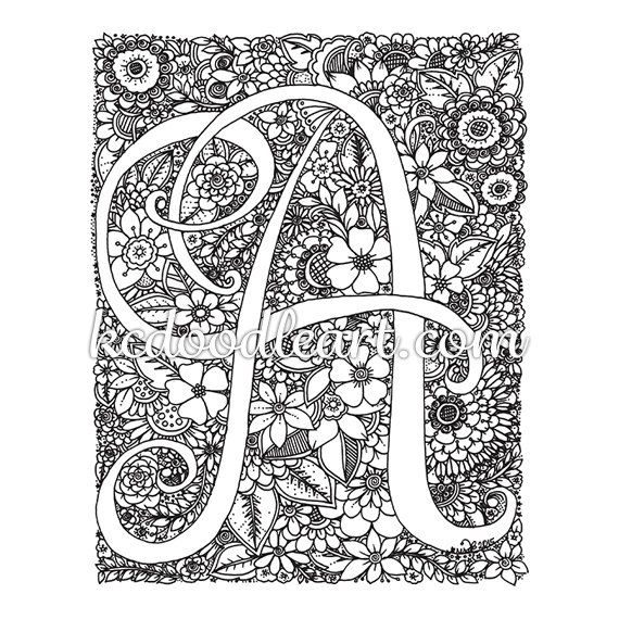 Instant digital download coloring page letter a with flower designs