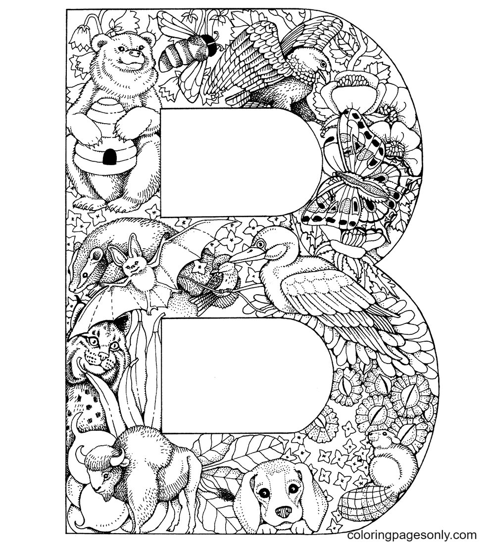 Dibujo de letra b con animales para colorear