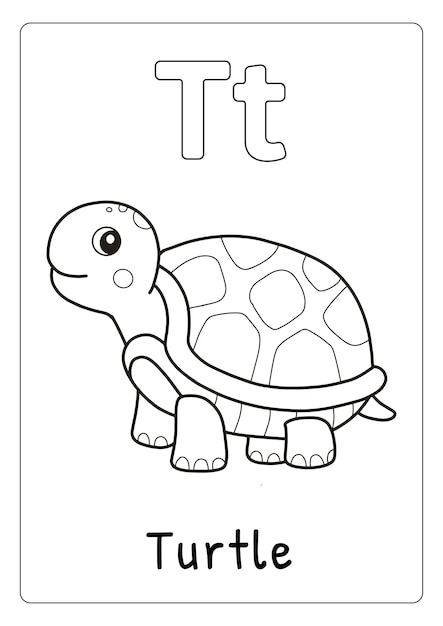 Premium vector alphabet letter t for turtle coloring page for kids