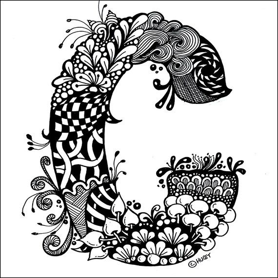 Downloadable zentangle letter c pattern in zen style relaxing coloring page zentangle art