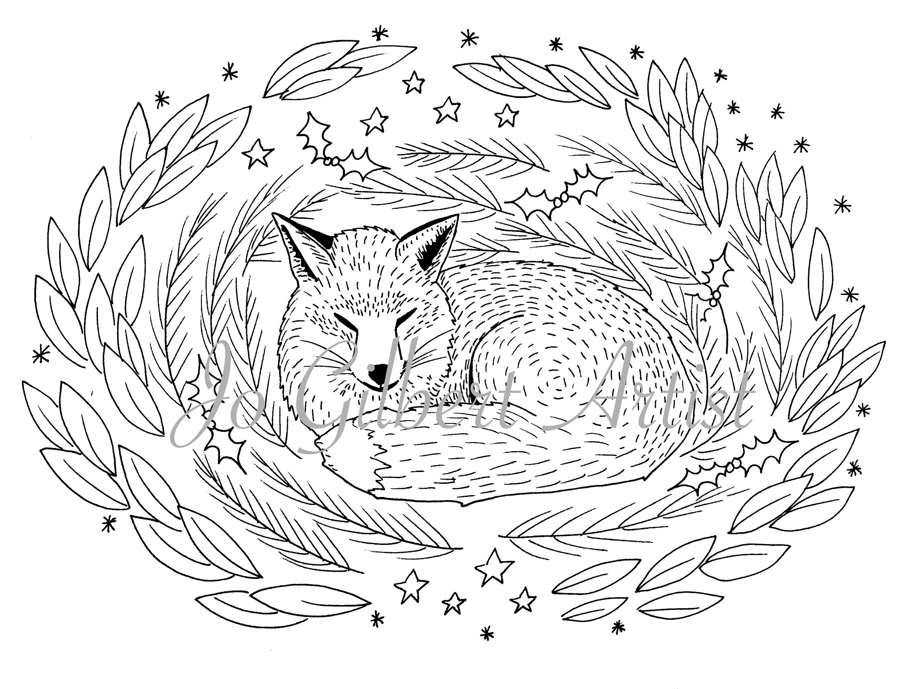 Sleepy christmas fox coloring page instant download