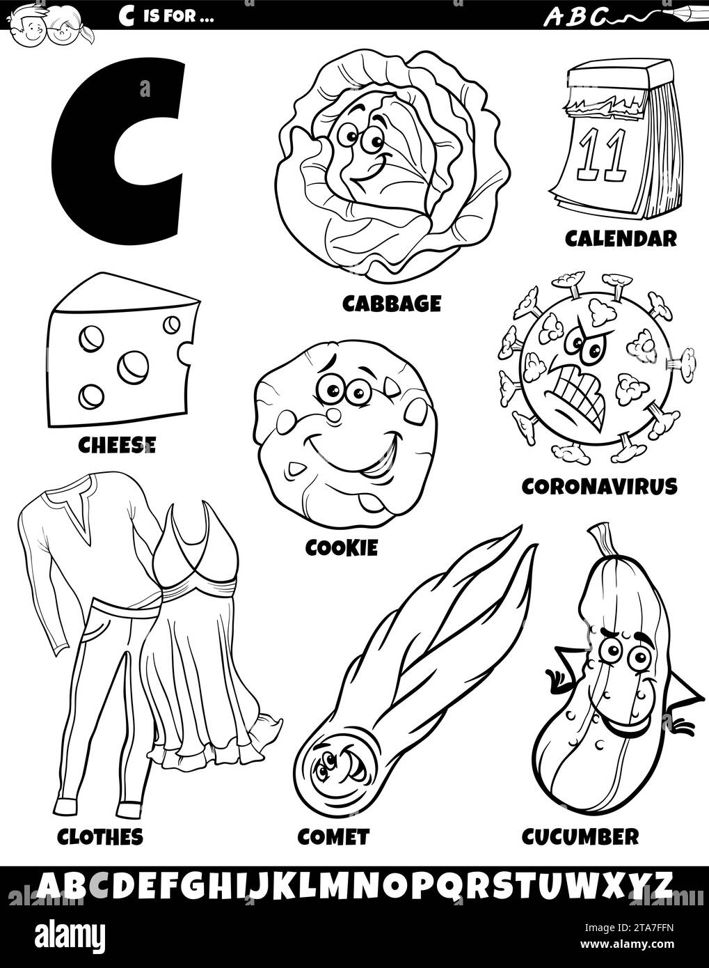 Cartoon school objects coloring page black and white stock photos images