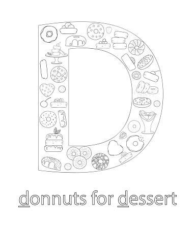 Black and white alphabet letter d phonics flashcard cute letter d for teaching reading with cartoon style donuts coloring page for children stock illustration