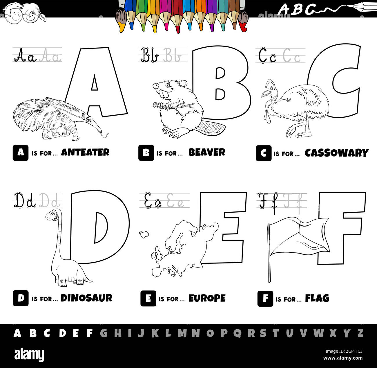 Educational cartoon alphabet letters set from a to f color book page stock vector image art