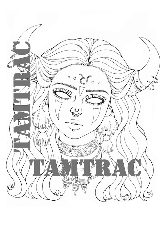 Dibujo para colorear taurus zodiac girl signos a imprimible tatuaje adulto pãginas para colorear libro descarga digital instantãnea ilustraciãn pdf