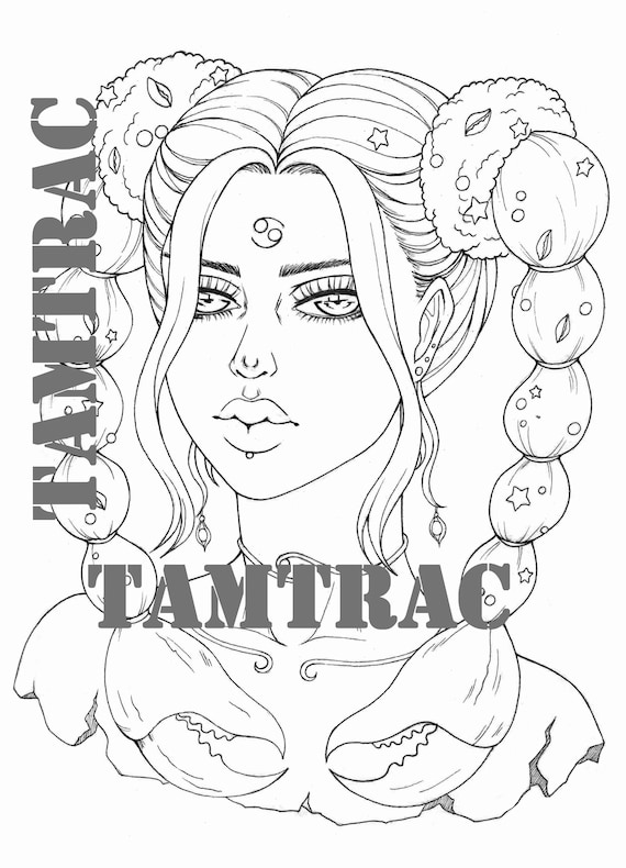 Dibujo para colorear cãncer zodiac girl signos a imprimible tatuaje adulto pãginas para colorear libro descarga digital instantãnea ilustraciãn pdf