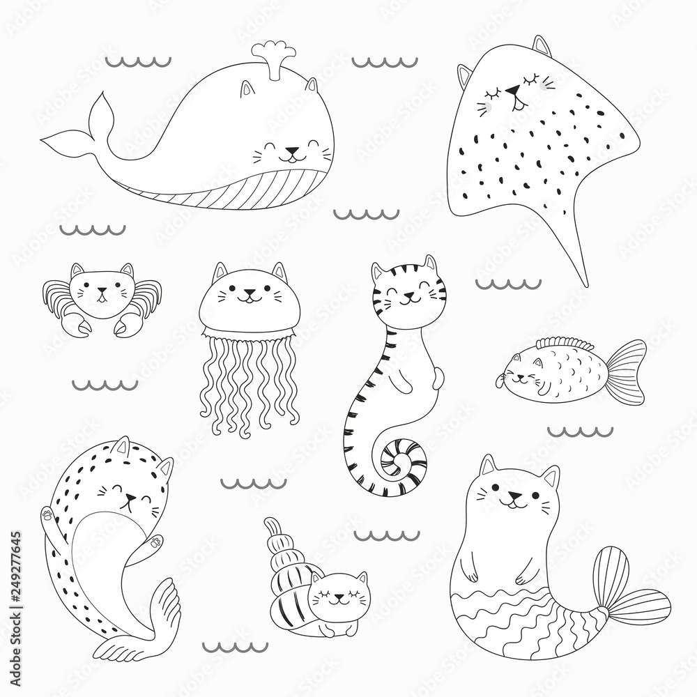 Set of kawaii doodles of sea animals with cat ears mermaid jellyfish ray whale fish seal isolated objects hand drawn vector illustration line drawing design concept coloring pages for kids vector de