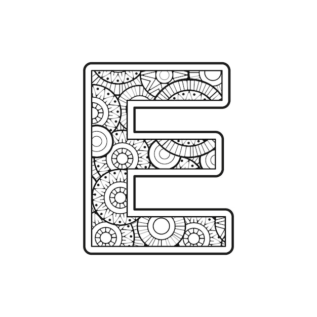 Premium vector vector coloring page for adults contour black and white capital english letter e on a mandala backgr