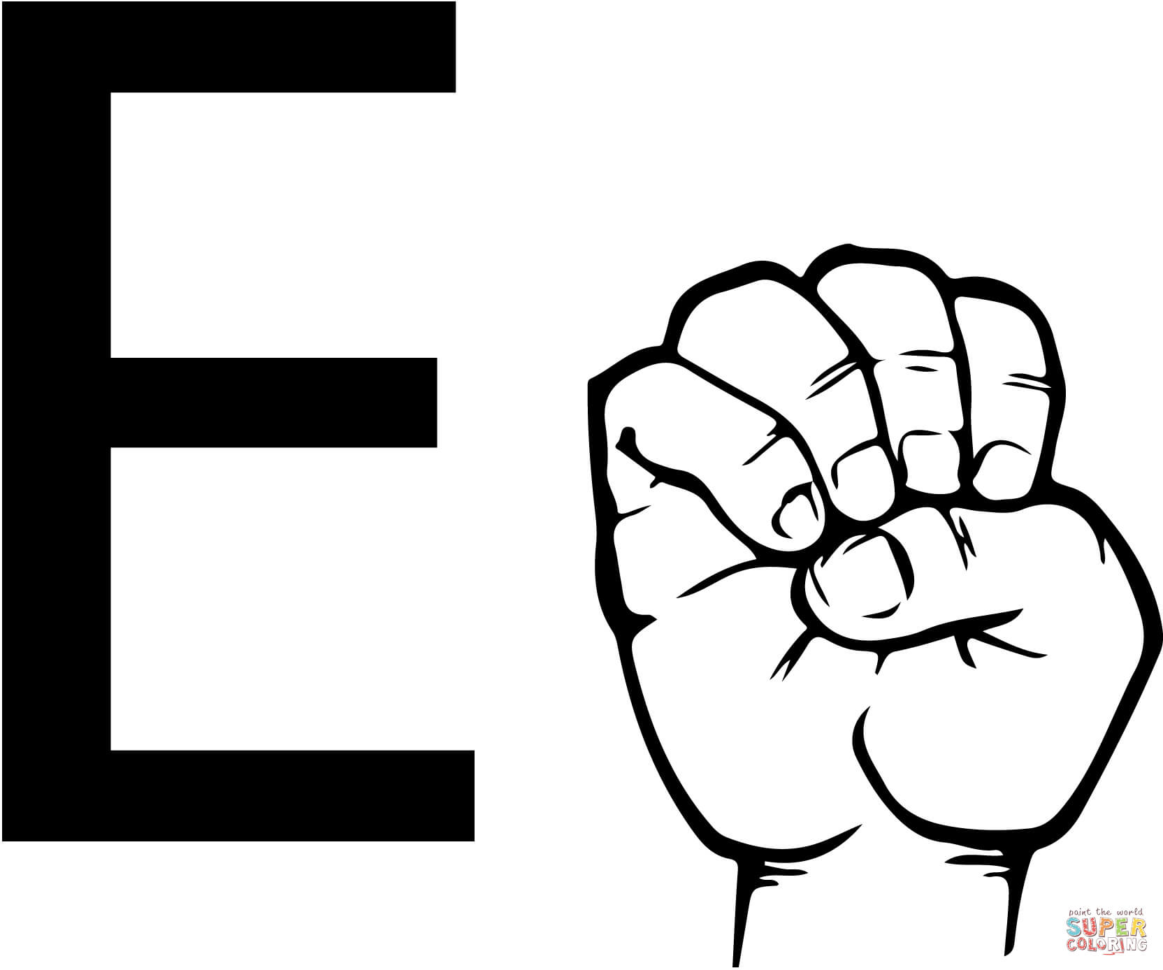 Asl sign language letter e coloring page