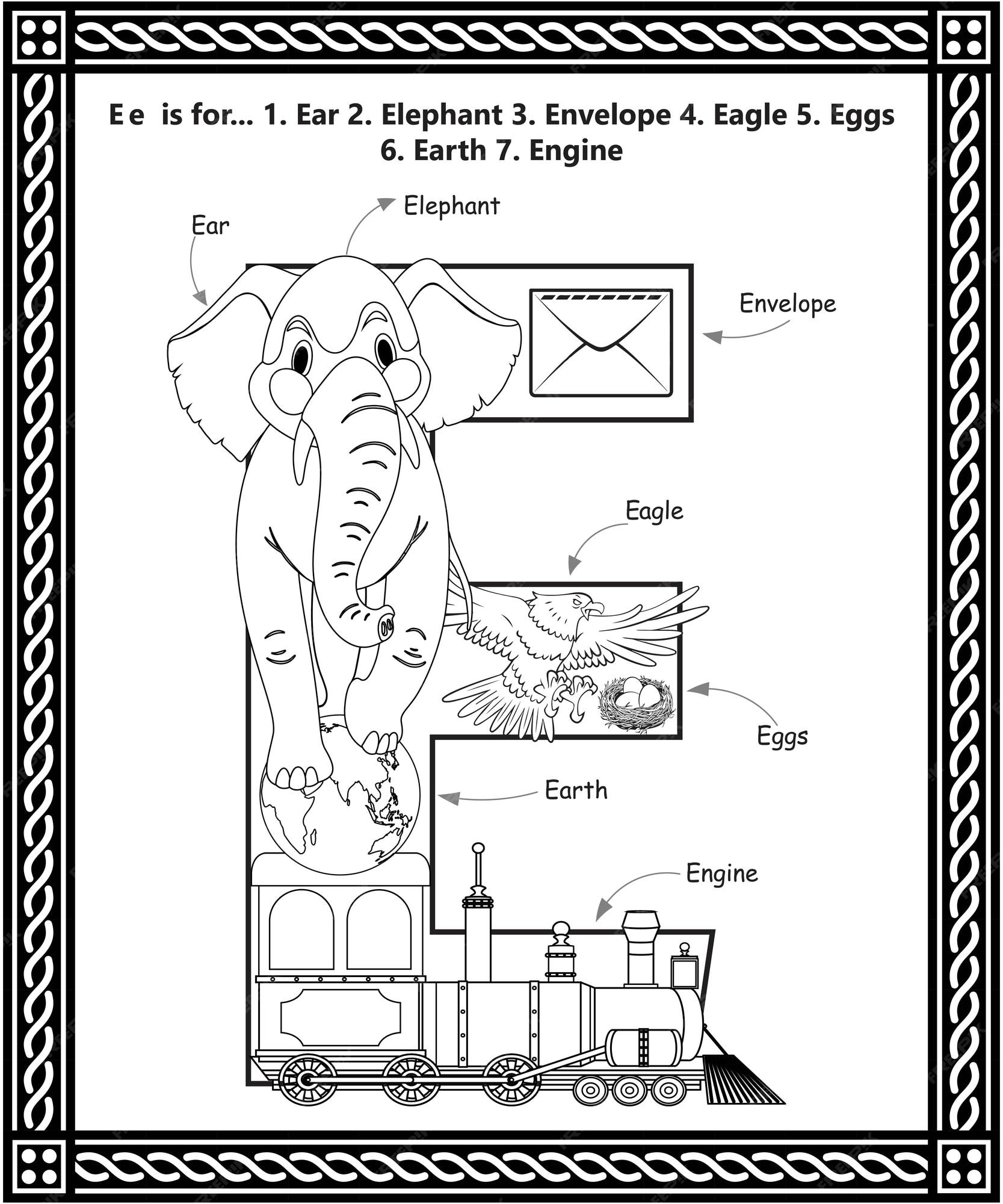 Livro de colorir da letra e do alfabeto planilha de atividades de aprendizagem de vocabulãrio de desenho animado para crianãas vetor premium