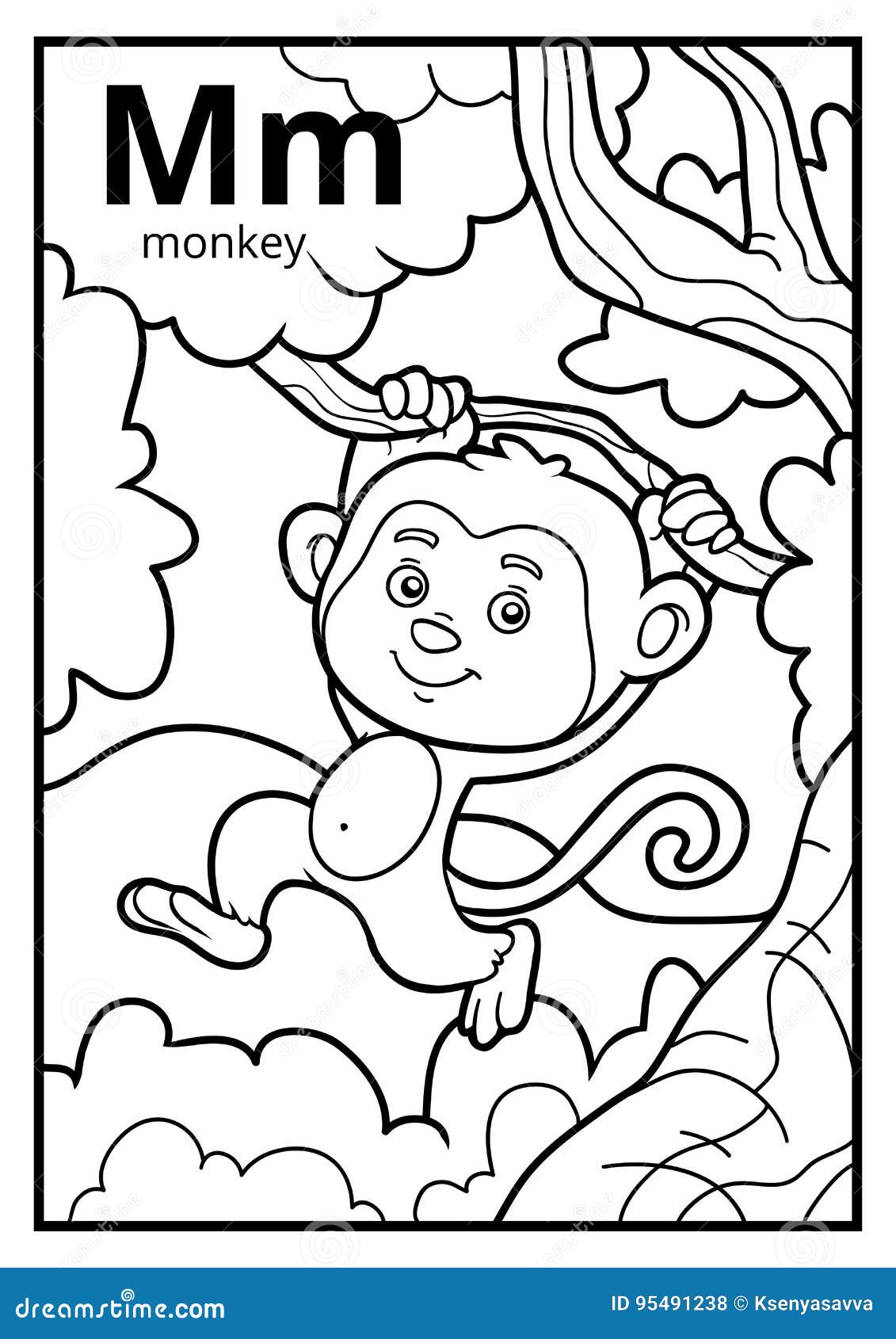 Coloring book colorless alphabet letter m monkey stock vector