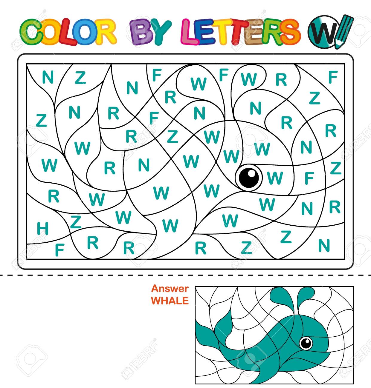 Abc coloring book for children color by letters learning the capital letters of the alphabet puzzle for children preschool educationletter w whale royalty free svg cliparts vectors and stock illustration image