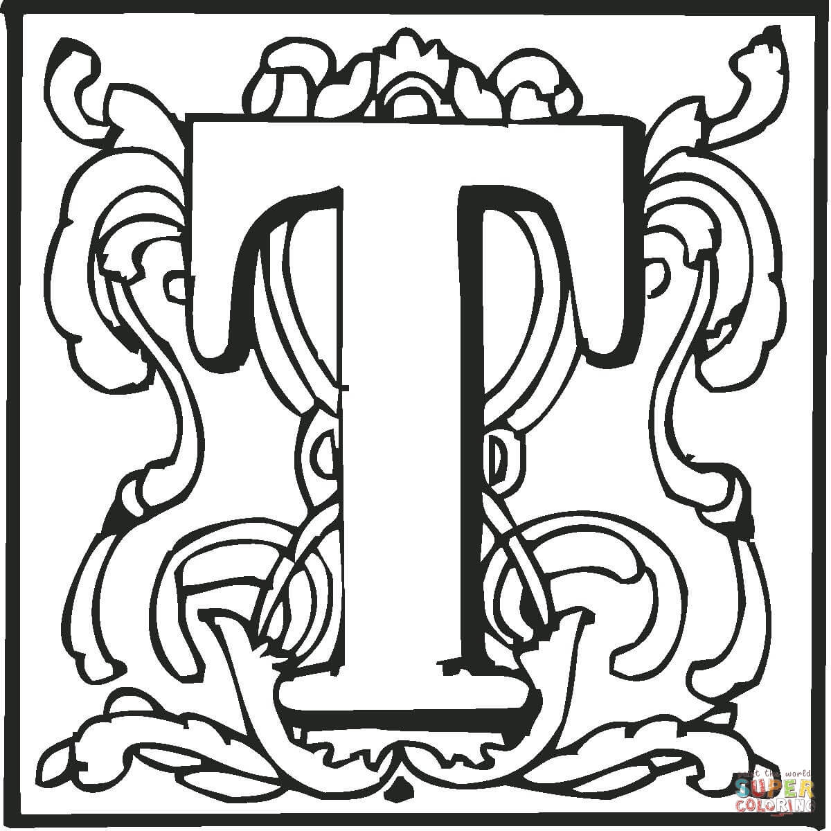 Letter t with ornament coloring page free printable coloring pages