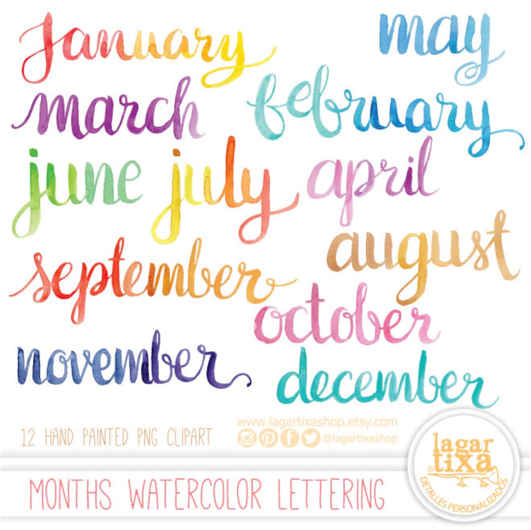 Months of the year watercolor hand painted lettering png clipart for calendars words quotes for invitations birthday cursive