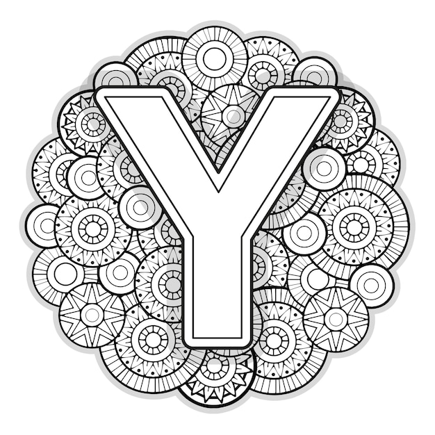 Premium vector vector coloring page for adults contour black and white capital english letter y on a mandala background