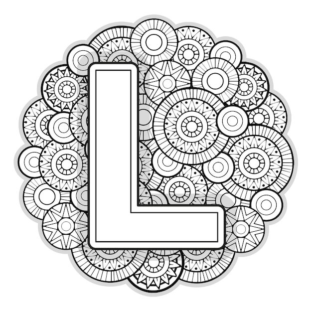 Premium vector vector coloring page for adults contour black and white capital english letter l on a mandala background