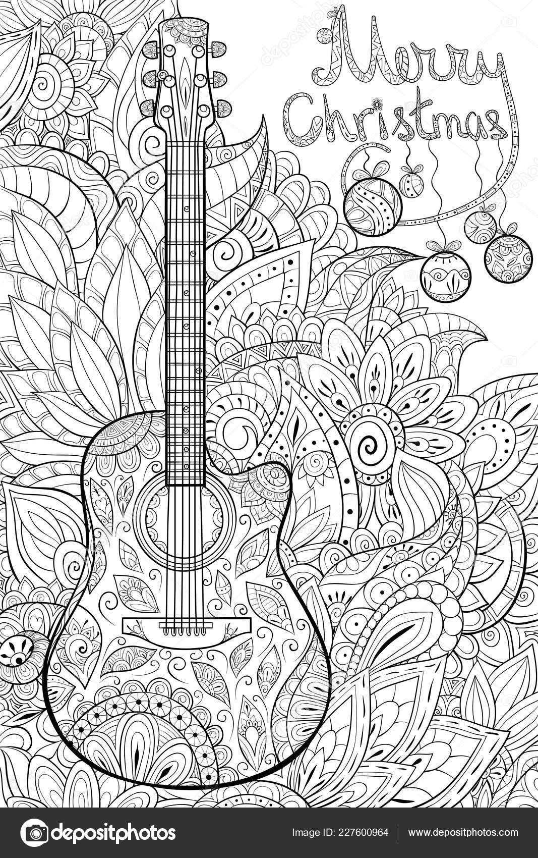 Una linda guitarra fondo floral con letras navidad con bolas vector de stock por nonuzza