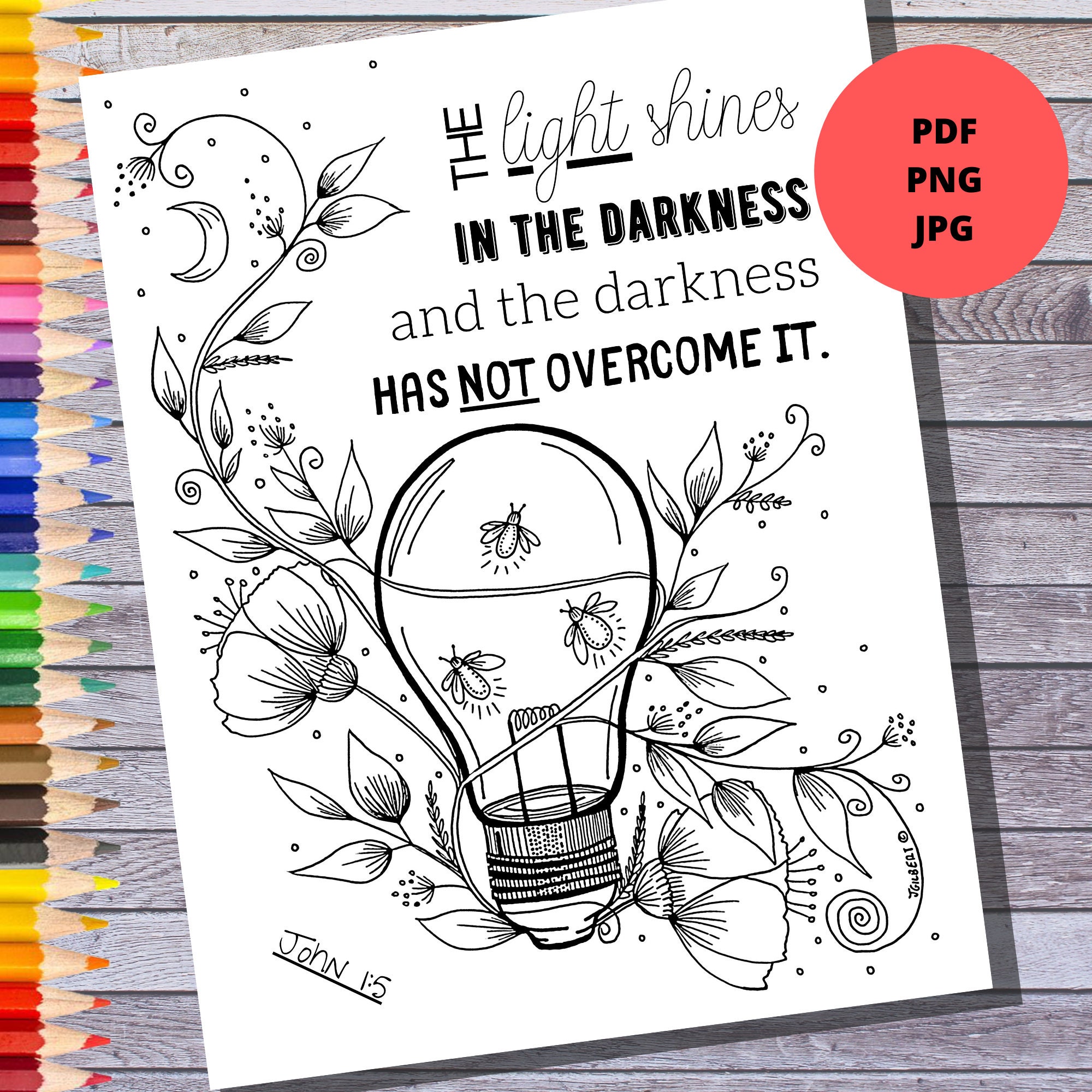 Bible verse coloring page printable instant download the light shines in the darkness john adult coloring bible study