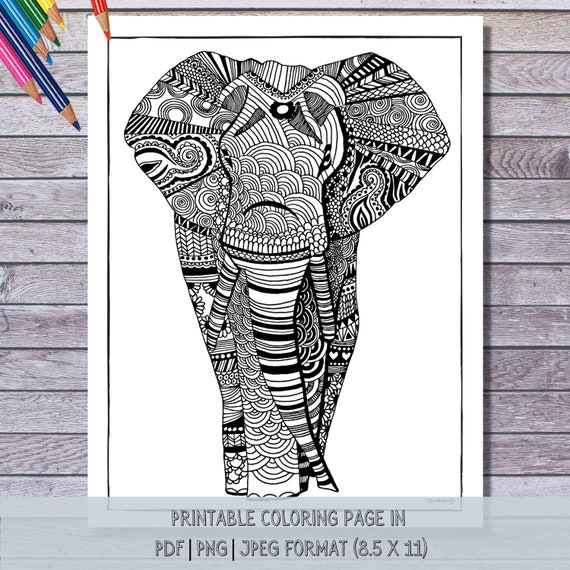 Elephant coloring page instant digital download adult coloring page hand illustrated printable coloring page