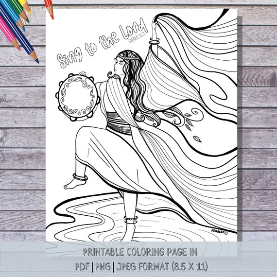 Sing to the lord exodus bible verse miriam dancing printable coloring page hand drawn instant download print and color at home instant download